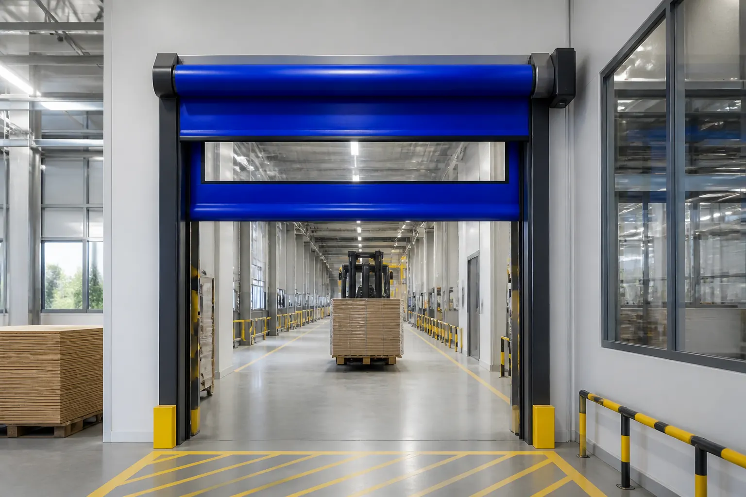 Bursa fabrikasında forklift geçişine uygun hızlı PVC branda kapı