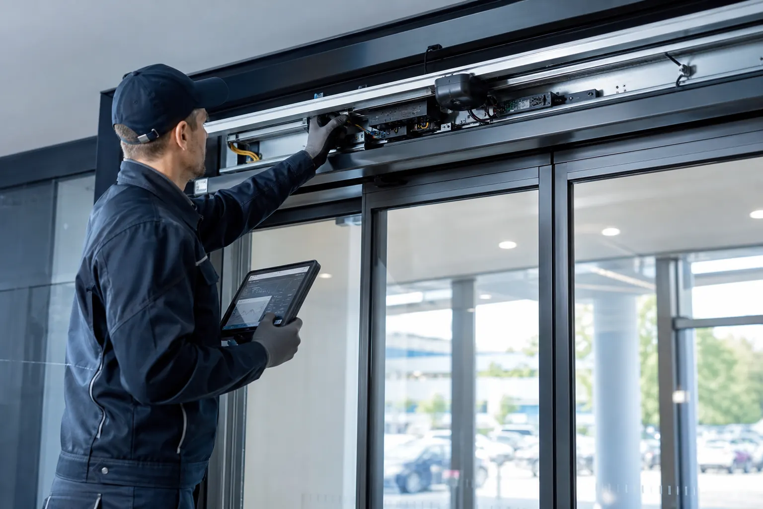 Technician servicing an automatic door system